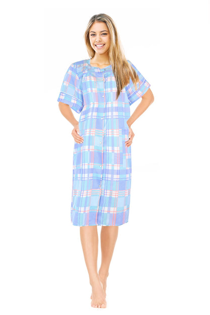 JEFFRICO House Dresses for Women with Pockets - Lightweight Breathable Short Sleeve Muumuu & Nightgowns - Snap Front Housecoat and Dusters for Women