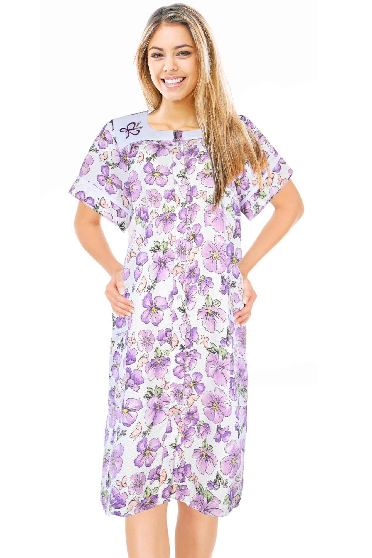 JEFFRICO House Dresses for Women with Pockets - Lightweight Breathable Short Sleeve Muumuu & Nightgowns - Snap Front Housecoat and Dusters for Women