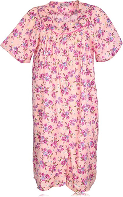 JEFFRICO House Dresses for Women with Pockets - Lightweight Breathable Short Sleeve Muumuu & Nightgowns - Snap Front Housecoat and Dusters for Women