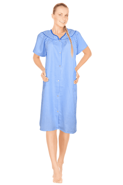 JEFFRICO House Dresses for Women with Pockets - Lightweight Breathable Short Sleeve Muumuu & Nightgowns - Snap Front Housecoat and Dusters for Women