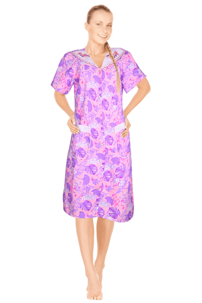 JEFFRICO House Dresses for Women with Pockets - Lightweight Breathable Short Sleeve Muumuu & Nightgowns - Snap Front Housecoat and Dusters for Women