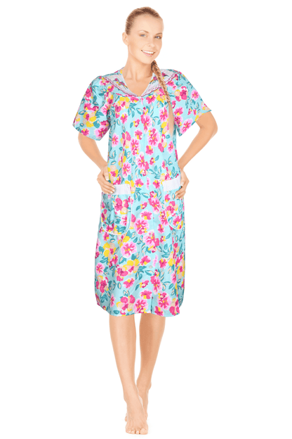 JEFFRICO House Dresses for Women with Pockets - Lightweight Breathable Short Sleeve Muumuu & Nightgowns - Snap Front Housecoat and Dusters for Women