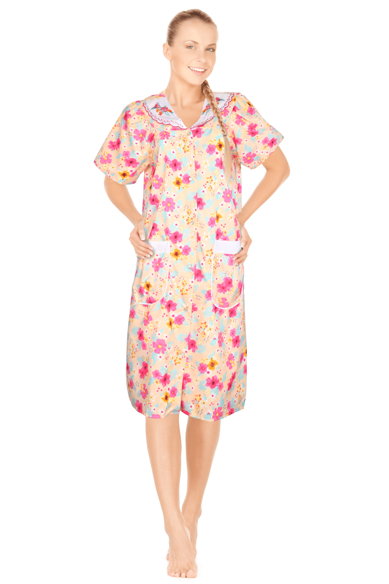 JEFFRICO House Dresses for Women with Pockets - Lightweight Breathable Short Sleeve Muumuu & Nightgowns - Snap Front Housecoat and Dusters for Women