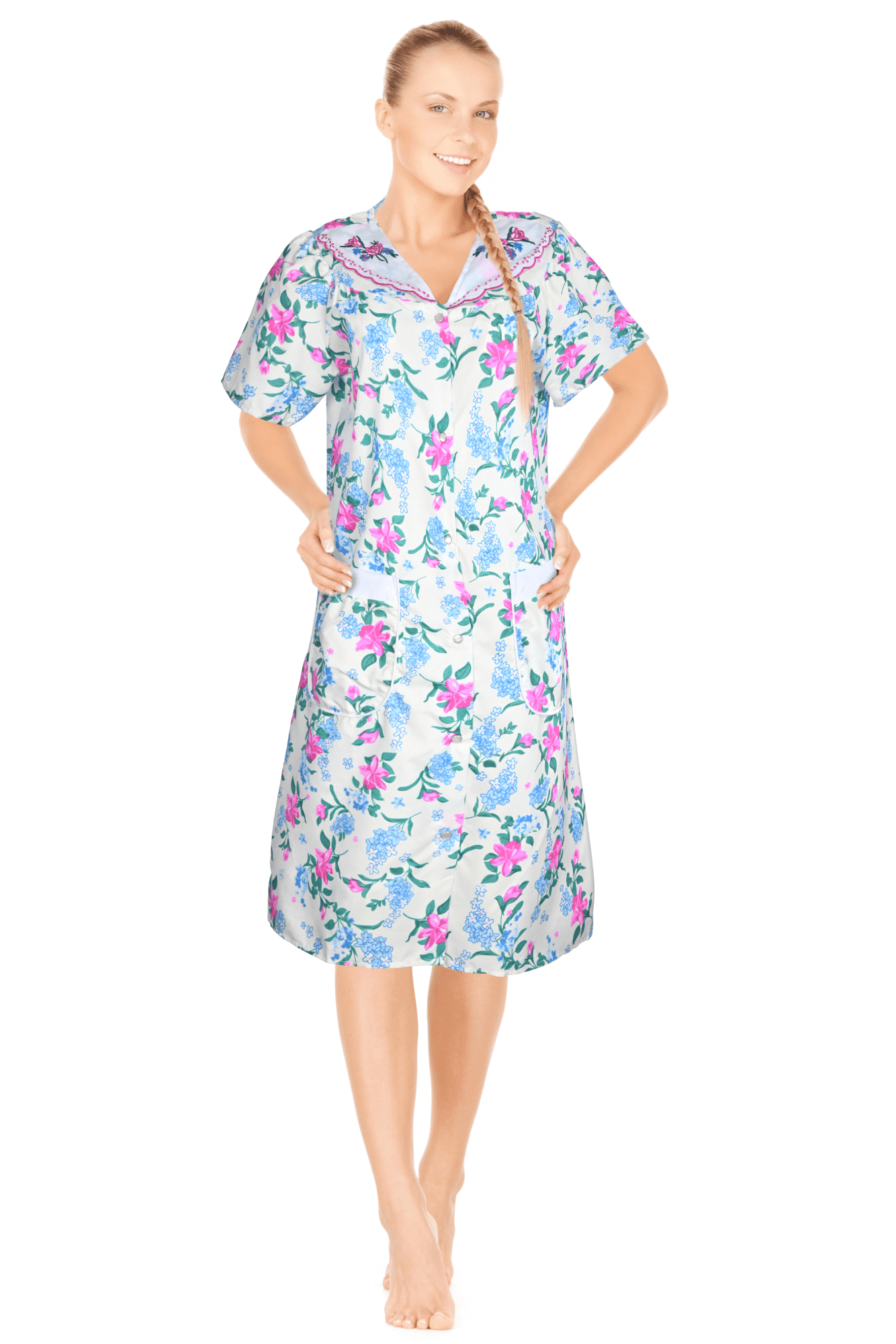 JEFFRICO House Dresses for Women with Pockets - Lightweight Breathable Short Sleeve Muumuu & Nightgowns - Snap Front Housecoat and Dusters for Women